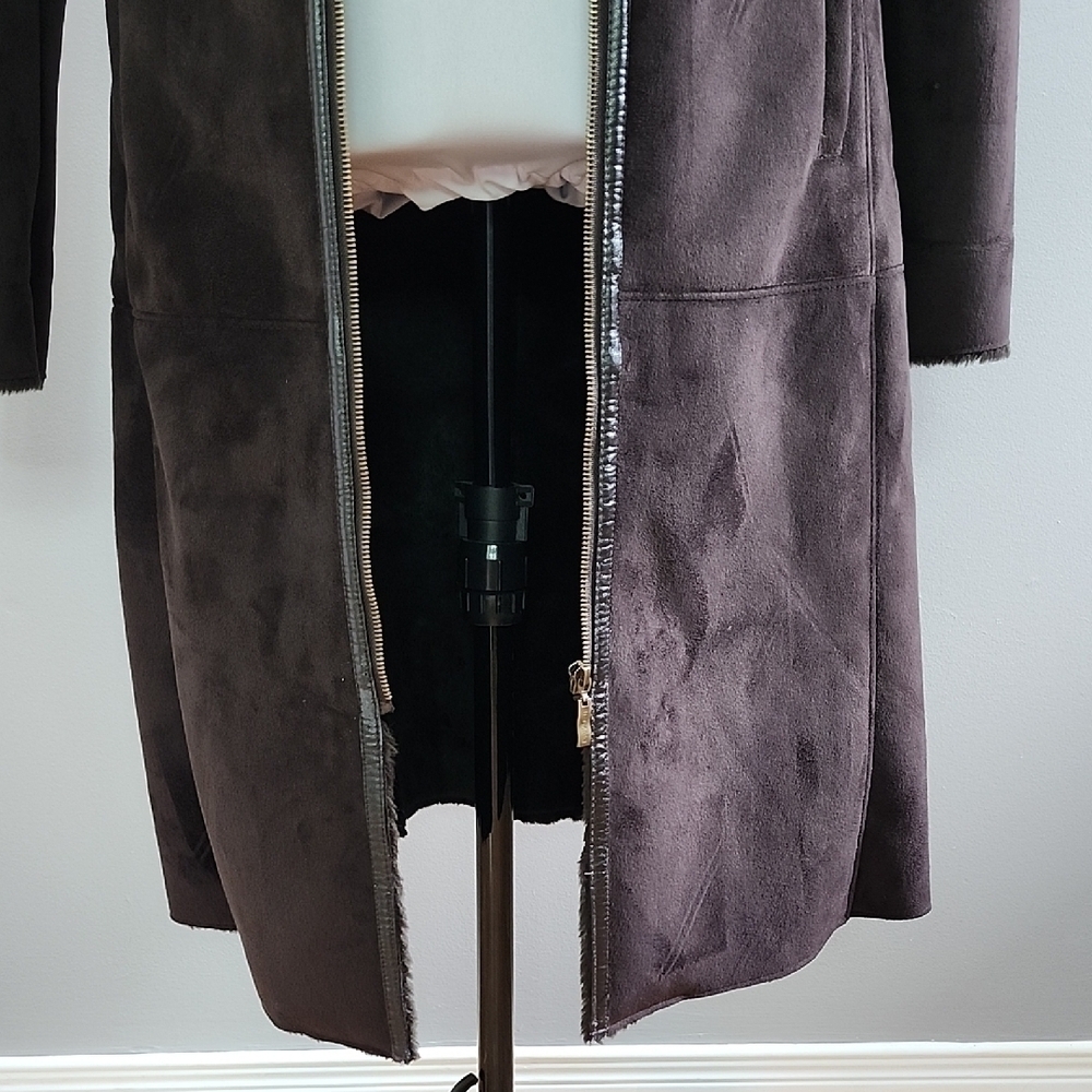 VINTAGE BALMAIN brown faux suede faux leather long coat - Picture 3 of 15